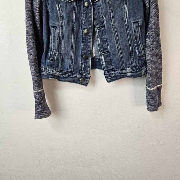 Free People Mixed Media Space Dye Knit Denim Jean Jacket Blue Size XS - Picture 2 of 9